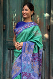 Green Tussar Silk Kantha Saree with Blue Pallu & Border