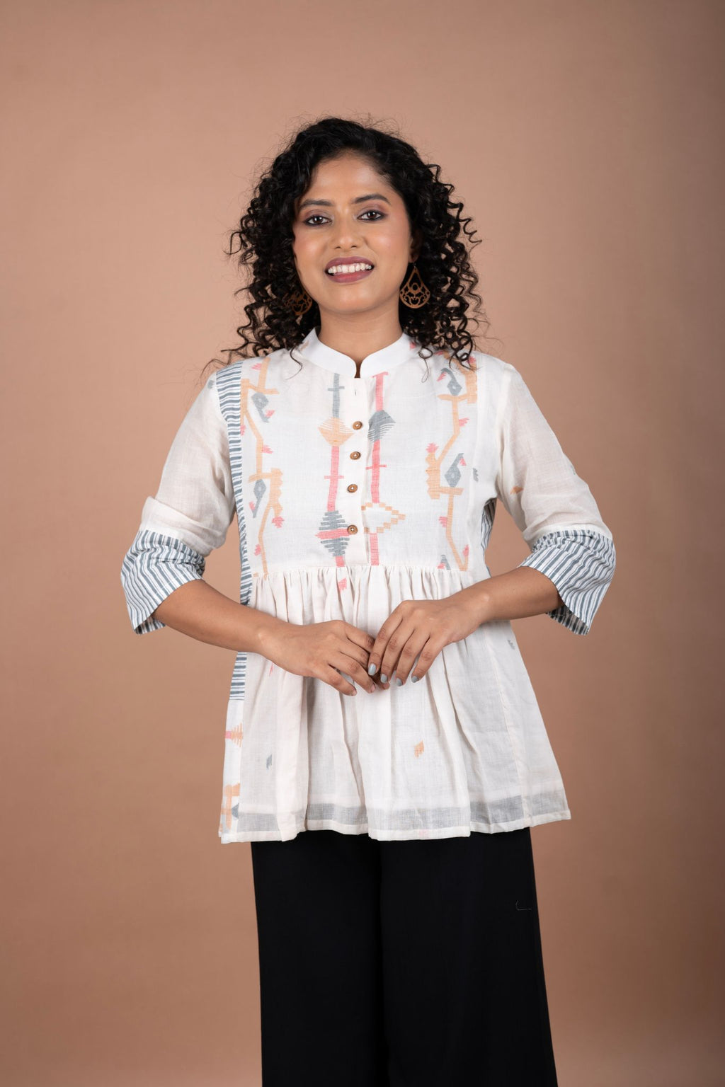Minimalist Jamdani cotton top for women in off white shade