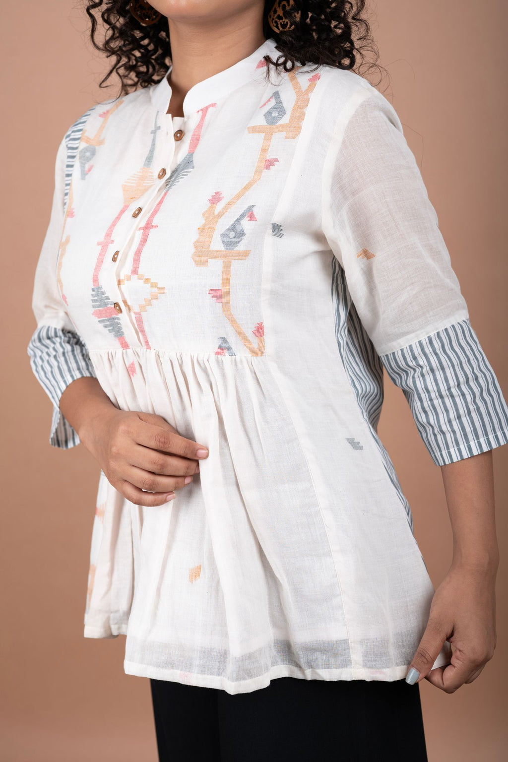 Off white handloom Jamdani top with gathered waist and striped sleeve cuffs