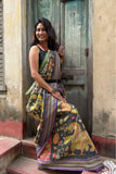 Model wearing hand-painted Kalamkari Tussar silk saree