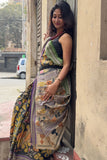 Artisan hand-painted Kalamkari saree in Tussar silk