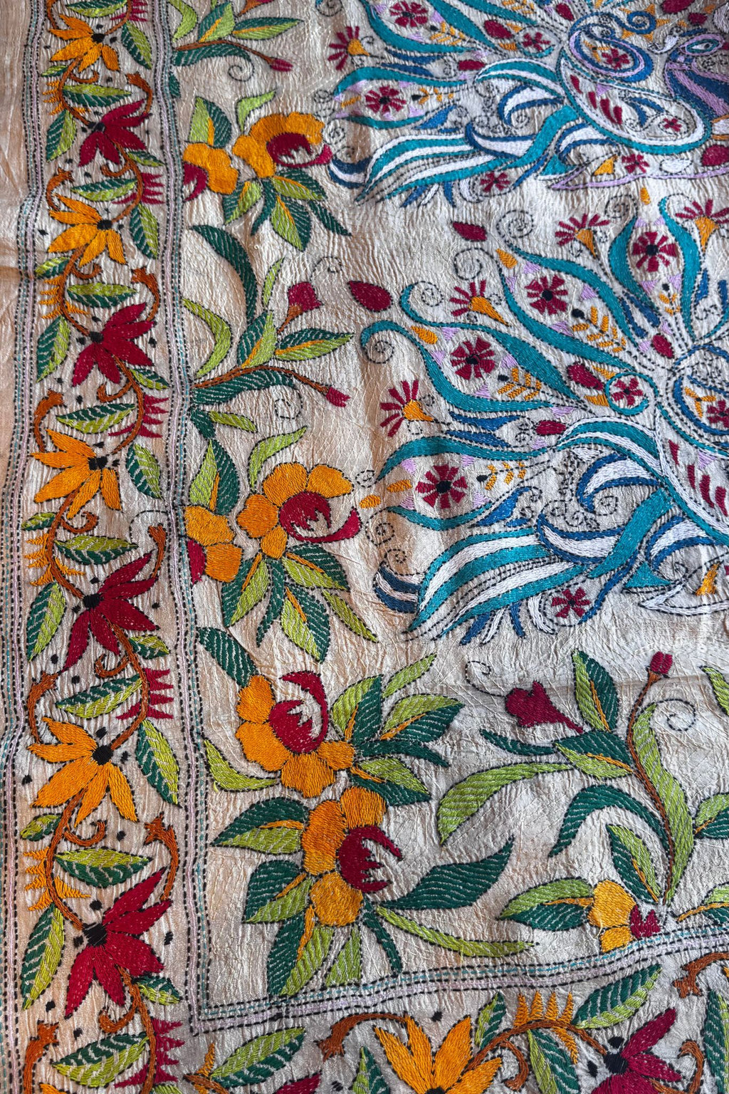 Beige Tussar Silk Dupatta with Multicolour Handwoven Motifs