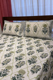 Blue & Green Floral Handblock Print Bedsheet With Matching Pillow Covers