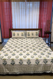 Blue & Green Floral Handblock Print Bedsheet With Matching Pillow Covers