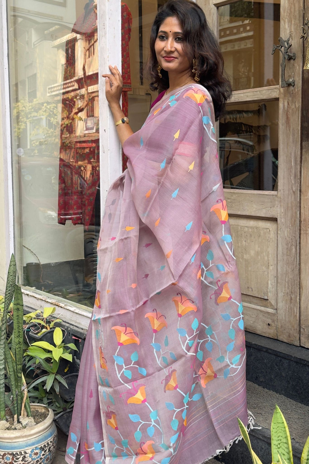 Mauve Muslin Silk Jamdani Saree