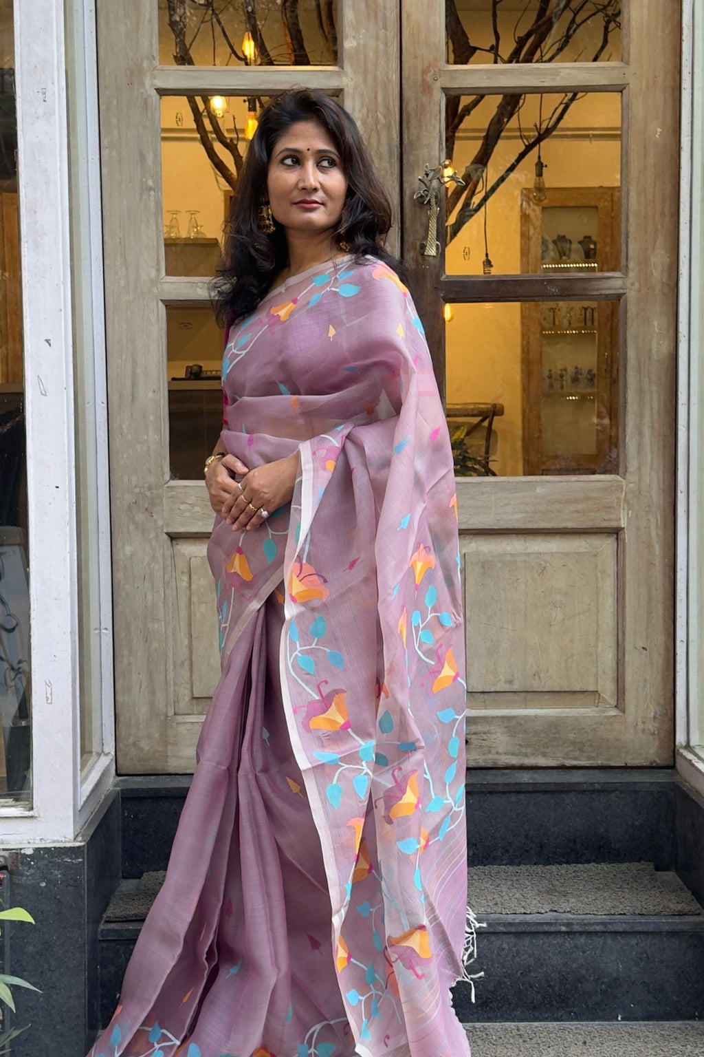 Mauve Muslin Silk Jamdani Saree