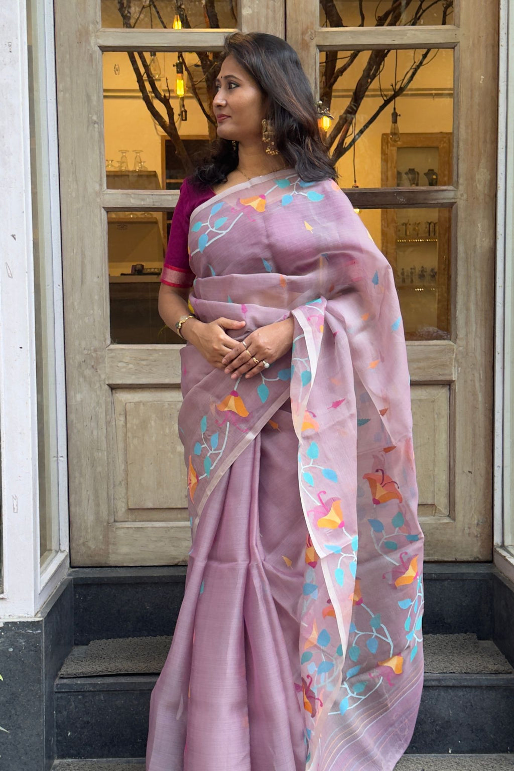 Mauve Muslin Silk Jamdani Saree