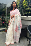 Off White Linen Cotton Saree