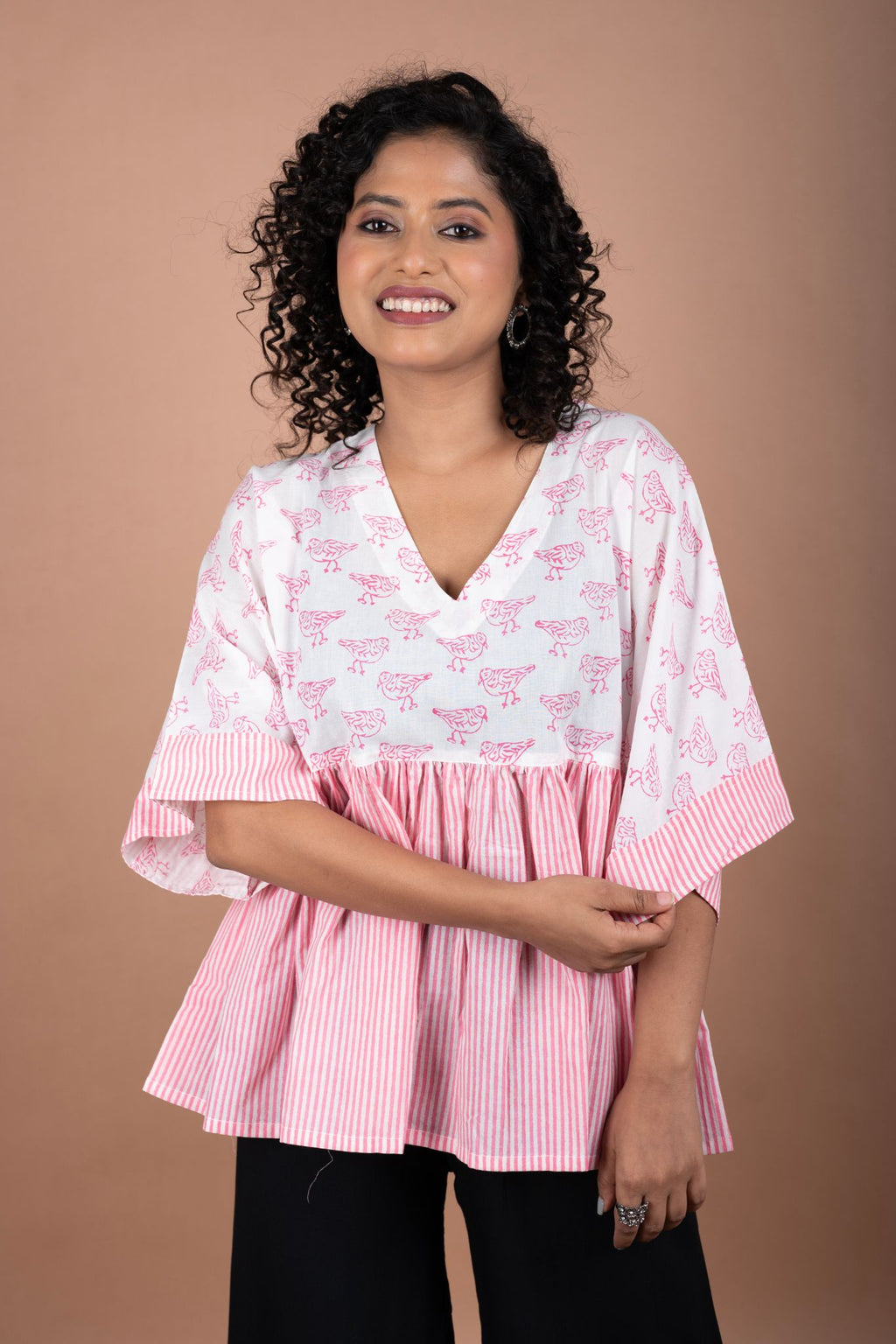 Pink Striped Flared Cotton Top with White Block Printed Yoke