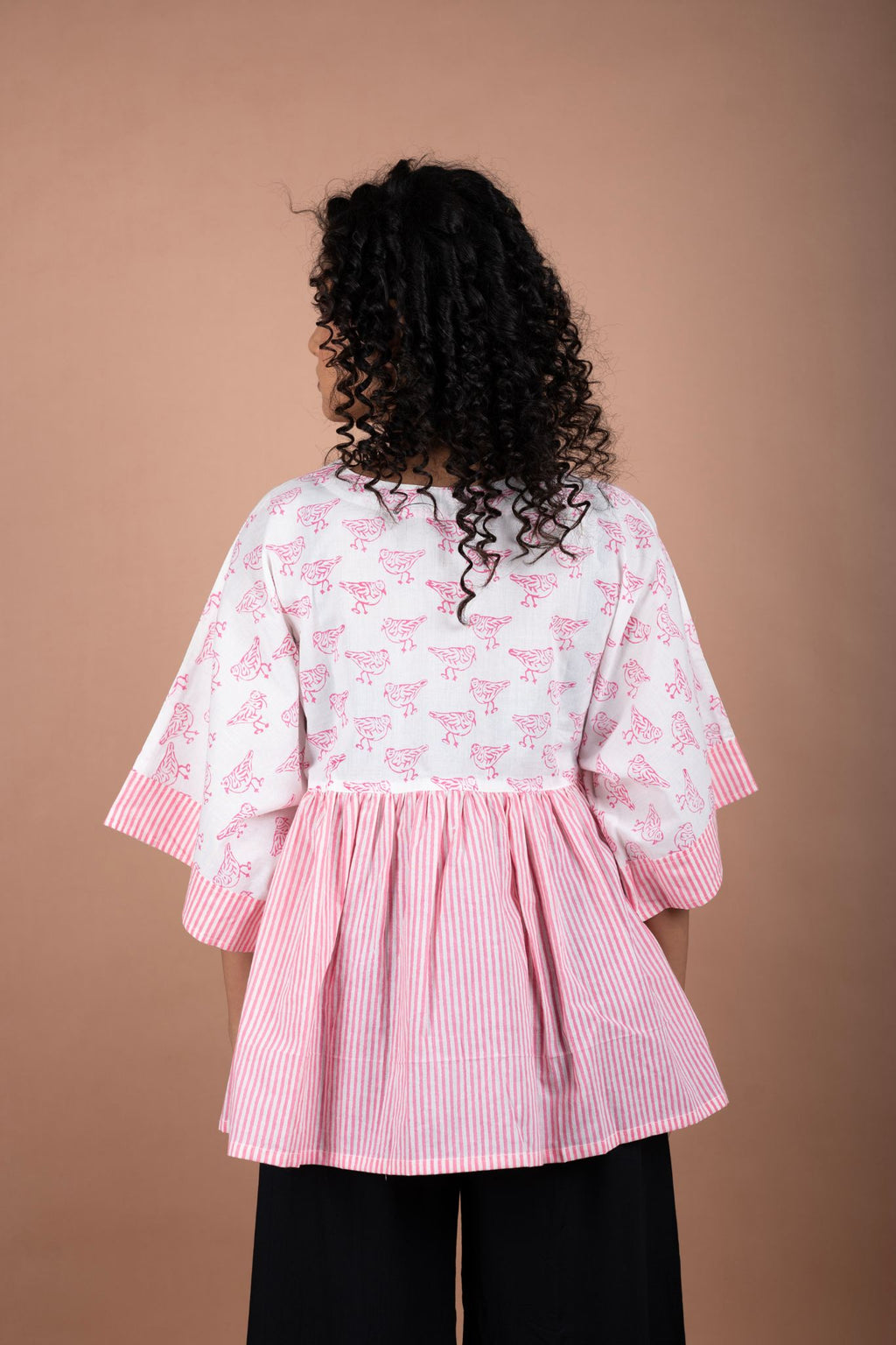 Pink Striped Flared Cotton Top with White Block Printed Yoke