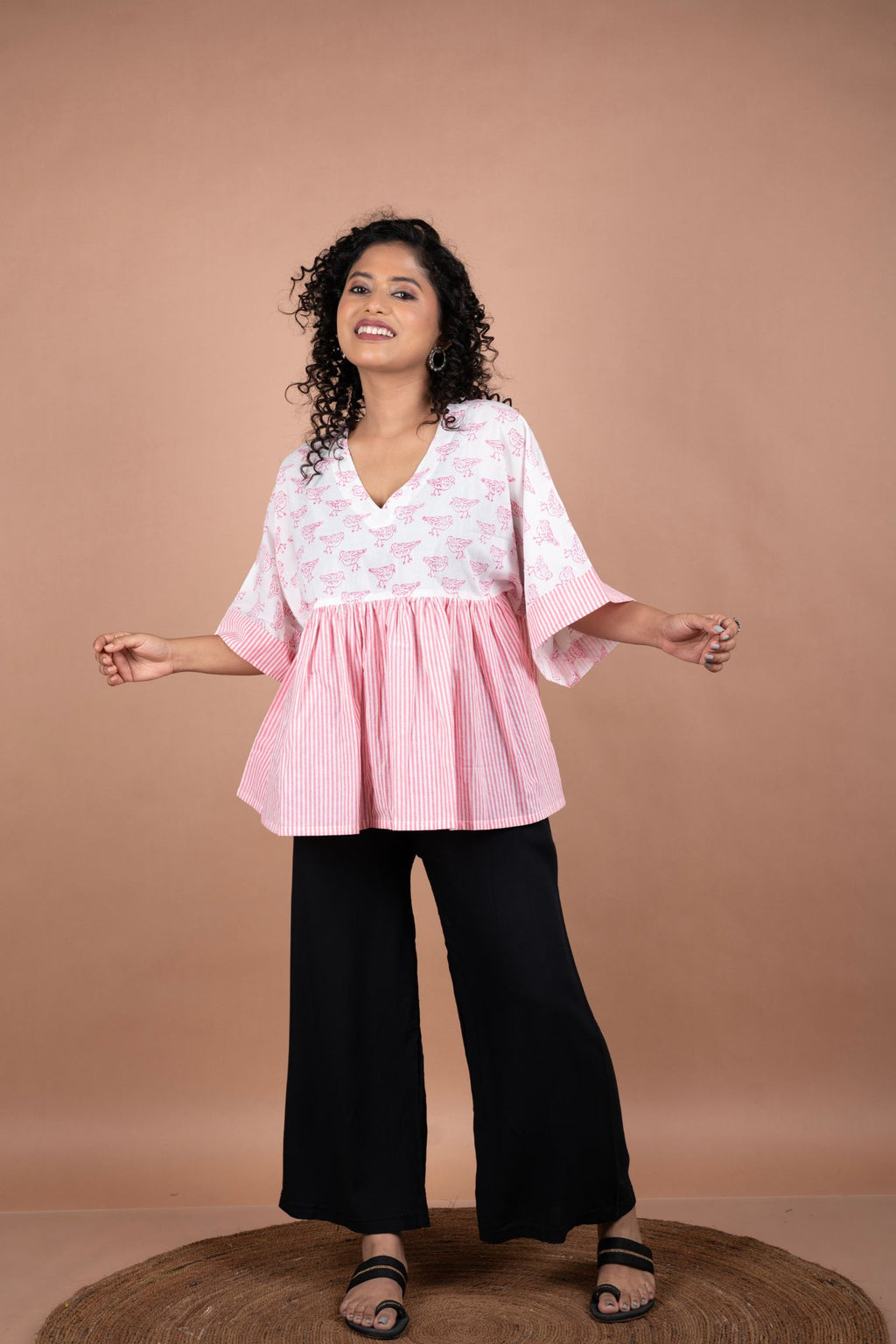 Pink Striped Flared Cotton Top with White Block Printed Yoke