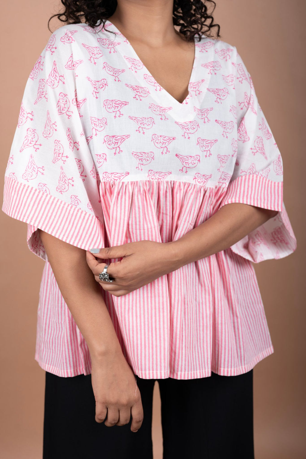 Pink Striped Flared Cotton Top with White Block Printed Yoke