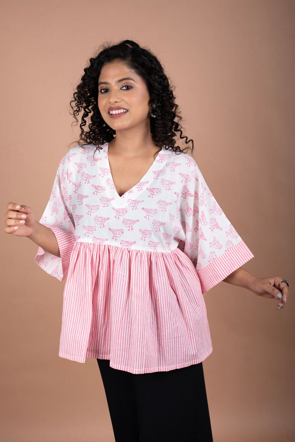 Pink Striped Flared Cotton Top with White Block Printed Yoke