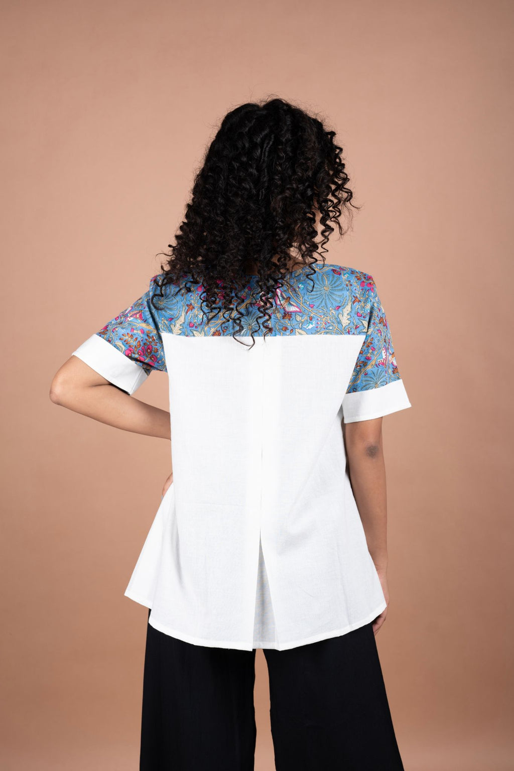 Off-White Handloom Cotton Top with Blue Printed Yoke