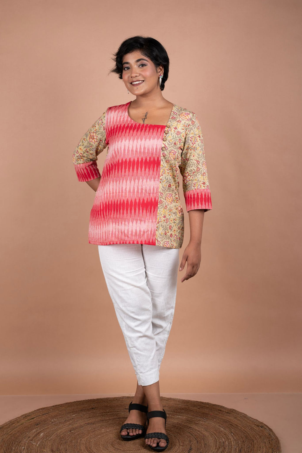 Elegant Block Cotton Printed & Ikkat Fusion Top