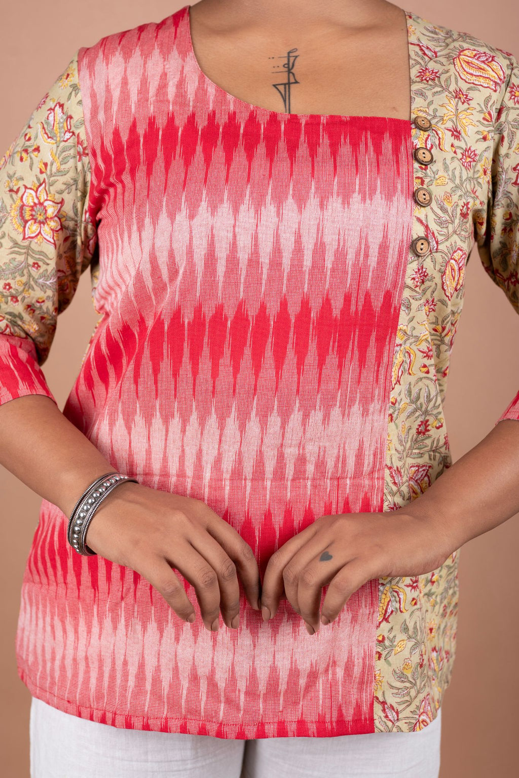Elegant Block Cotton Printed & Ikkat Fusion Top