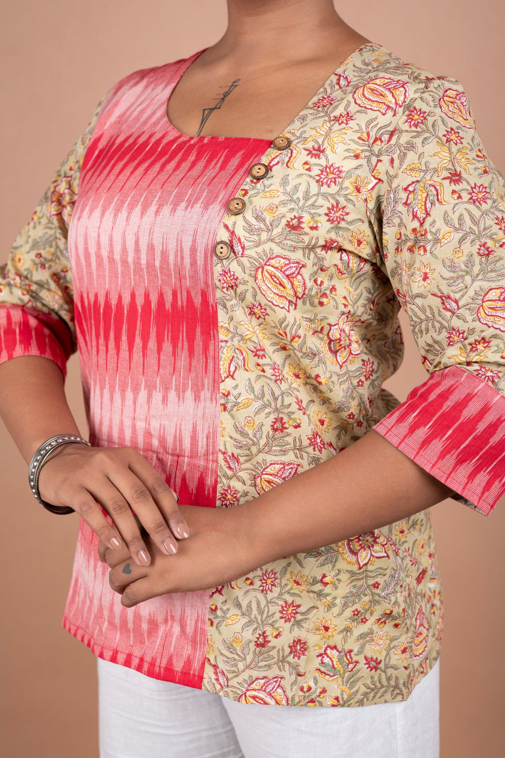 Elegant Block Cotton Printed & Ikkat Fusion Top