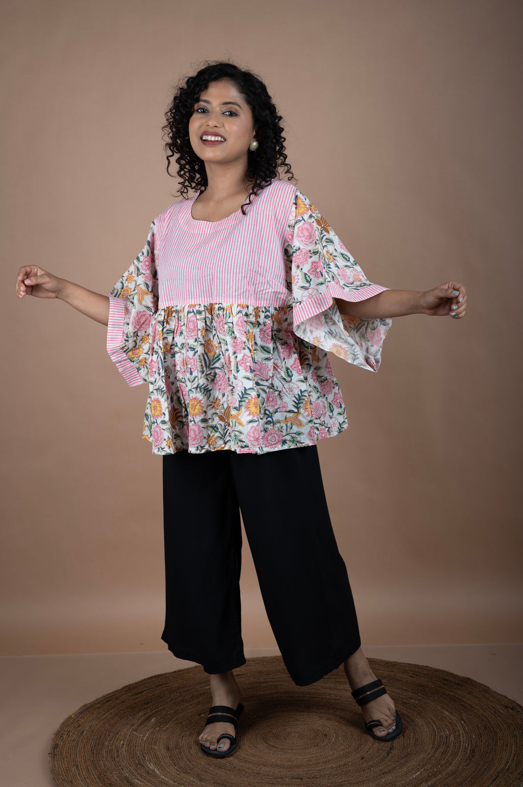 Floral Block Printed Cotton Top with Pink Striped Yoke