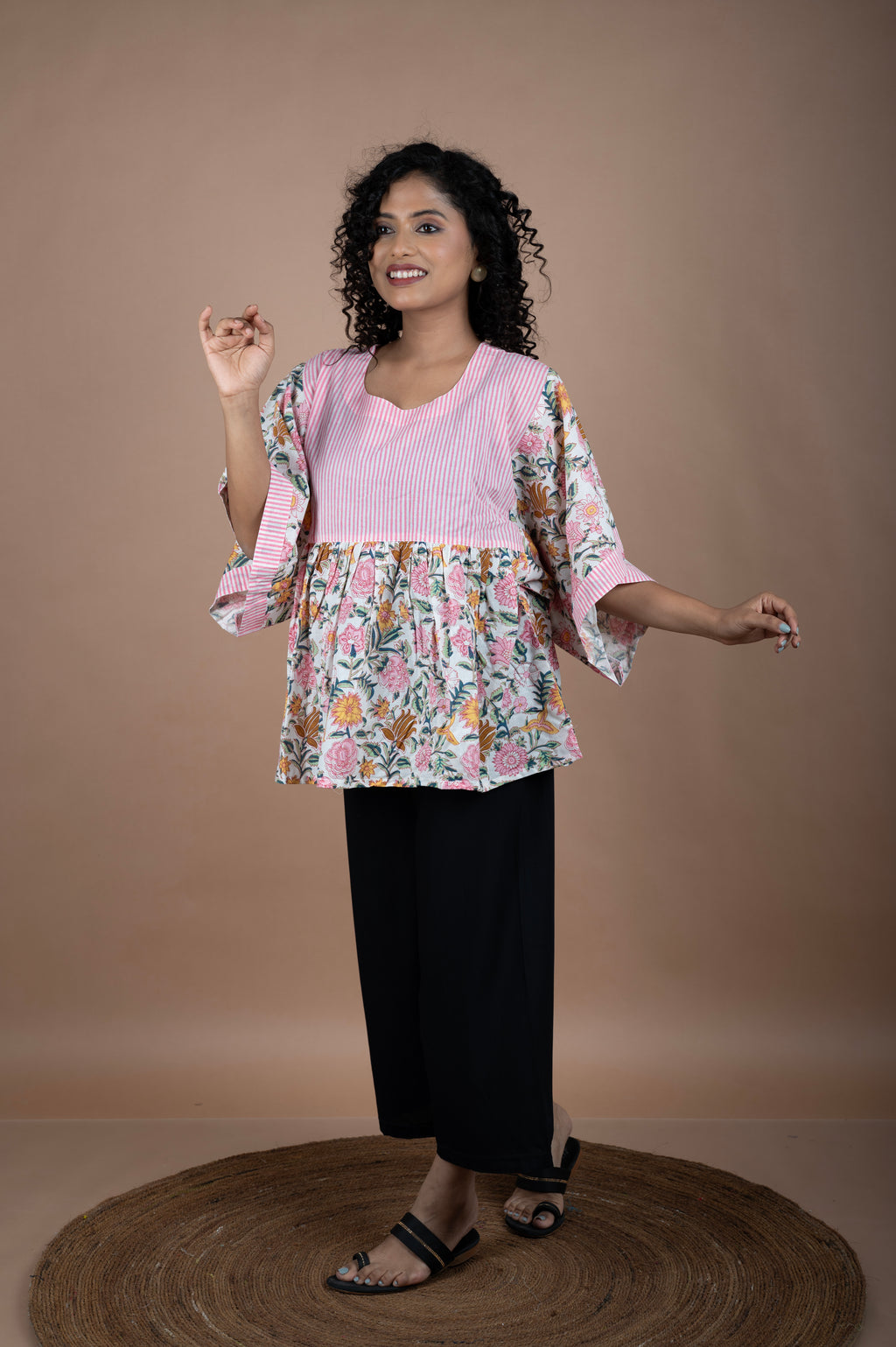 Floral Block Printed Cotton Top with Pink Striped Yoke