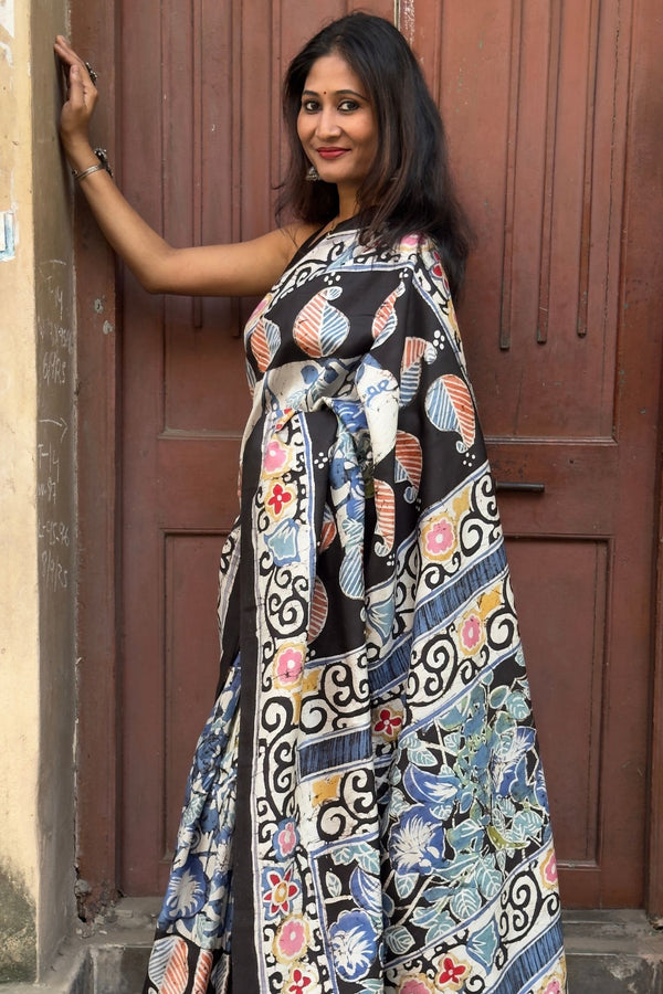 Batik Silk Saree with Multicolour Floral Work