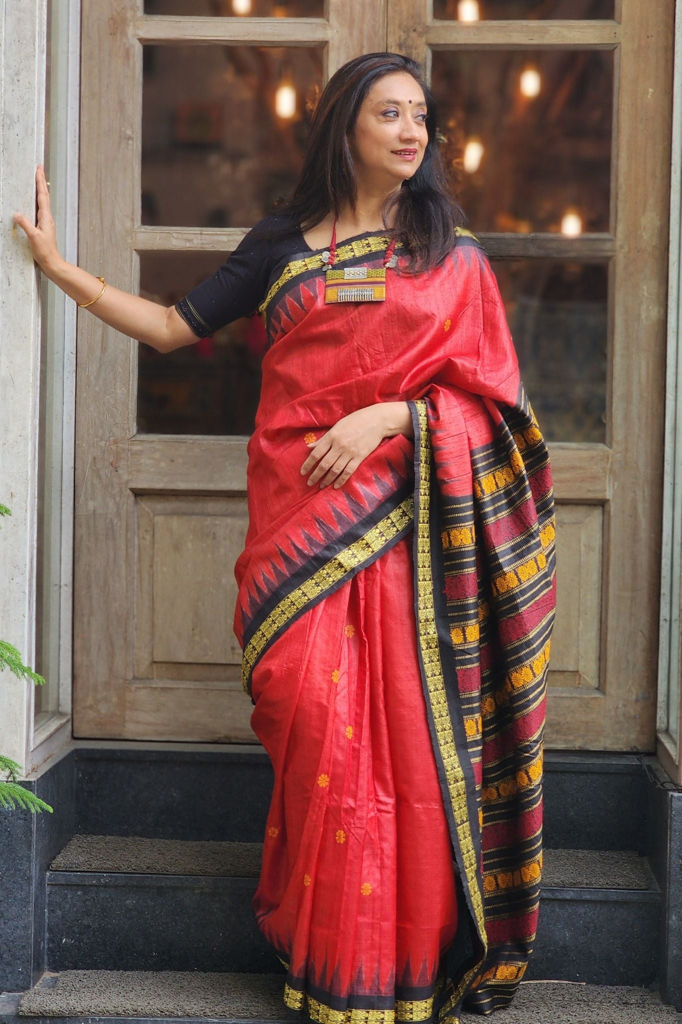 Red Tussar Silk Saree