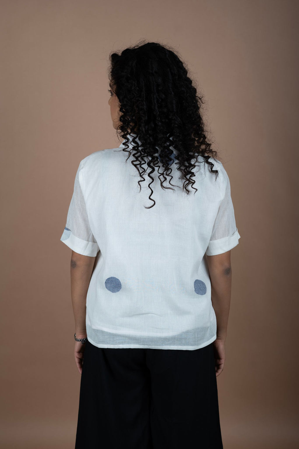 Women’s handloom cotton Jamdani shirt with blue polka dots