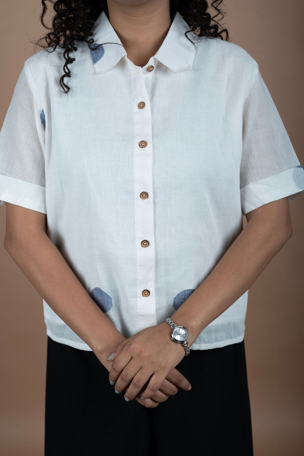 Off white ethnic cotton shirt with blue polka dot print