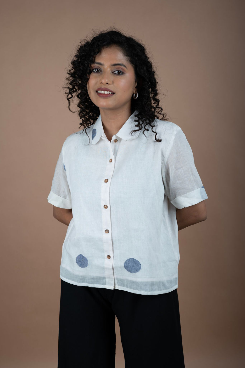 Off-white Jamdani cotton shirt with blue polka dots print for women