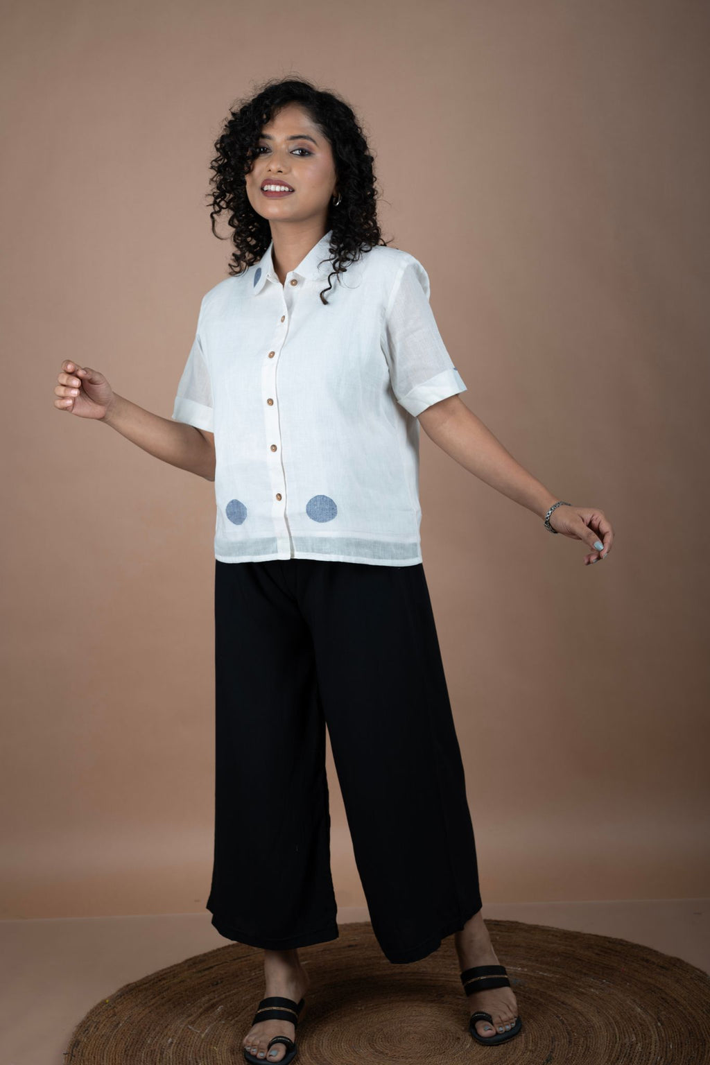 Handwoven off white Jamdani shirt with blue polka dot motifs