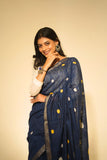 Blue Assam cotton Kesa Pat saree with yellow woven pallu
