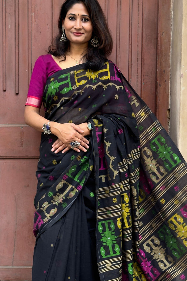 Black Cotton Jamdani Handloom Saree