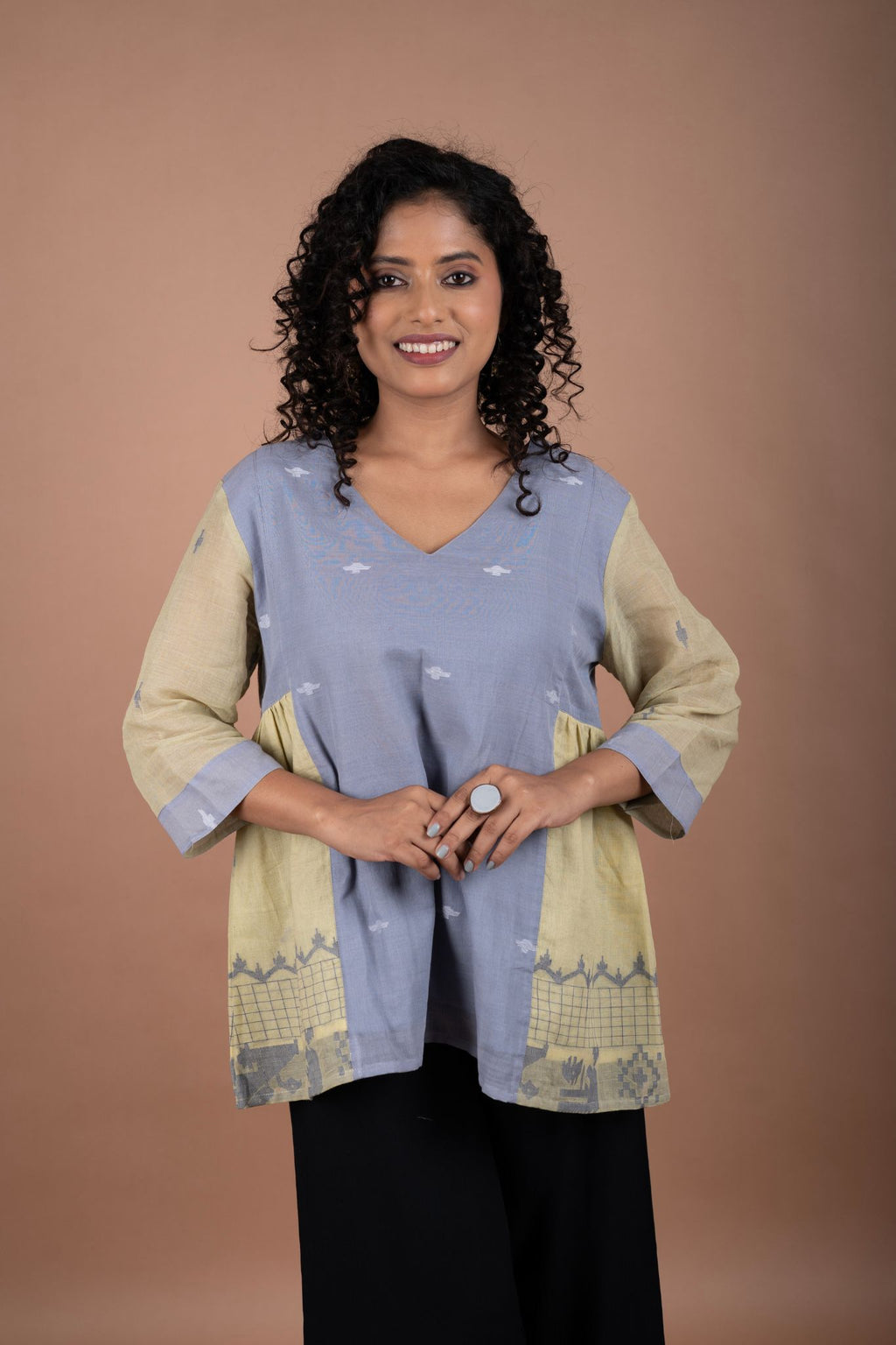 Grey & Green Cotton Jamdani Top