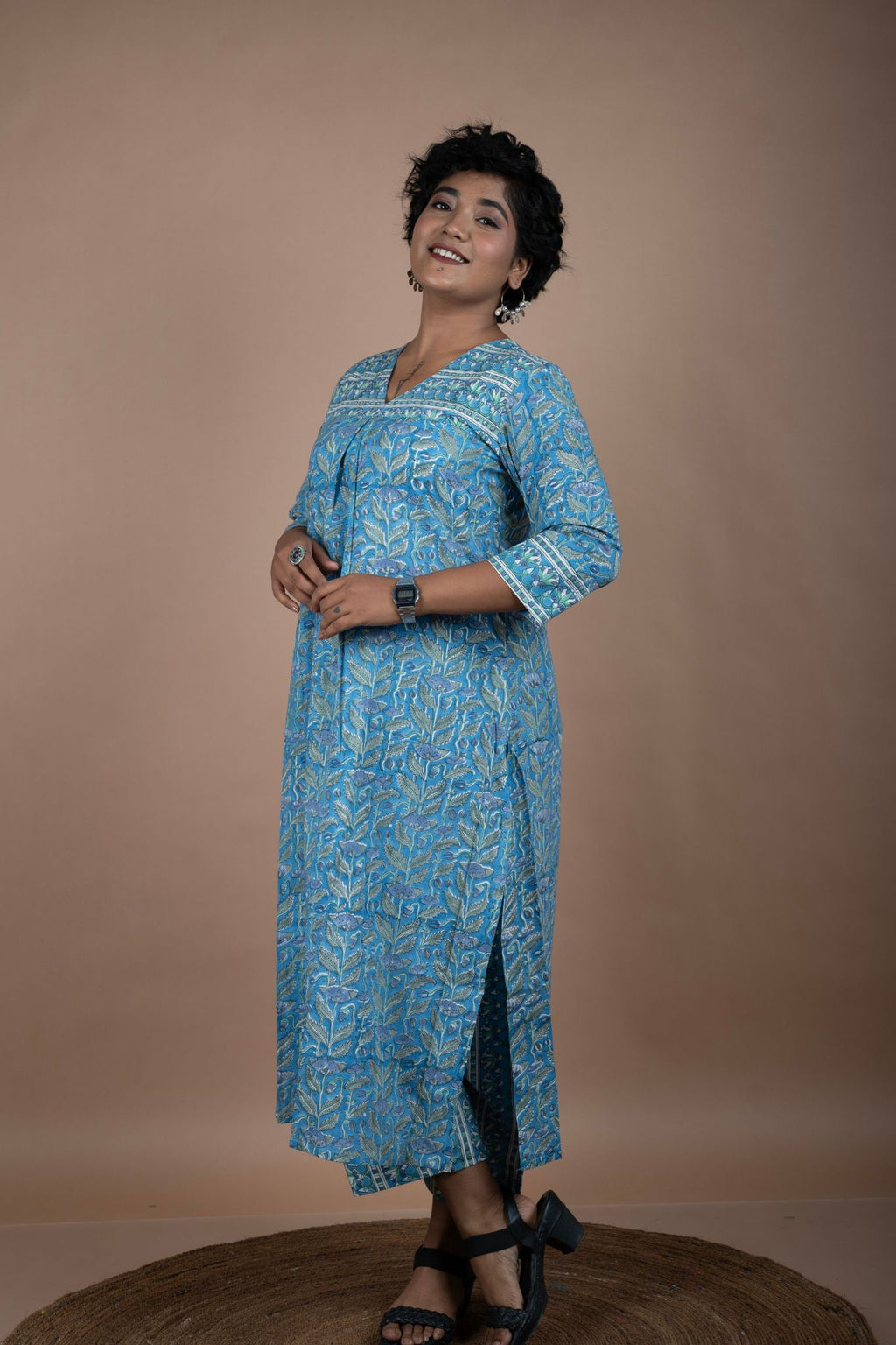Blue & Green Cotton Block Printed Kurta & Pant Set