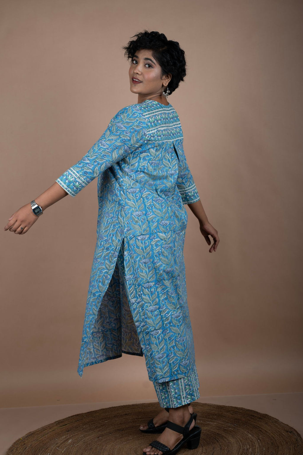 Blue & Green Cotton Block Printed Kurta & Pant Set