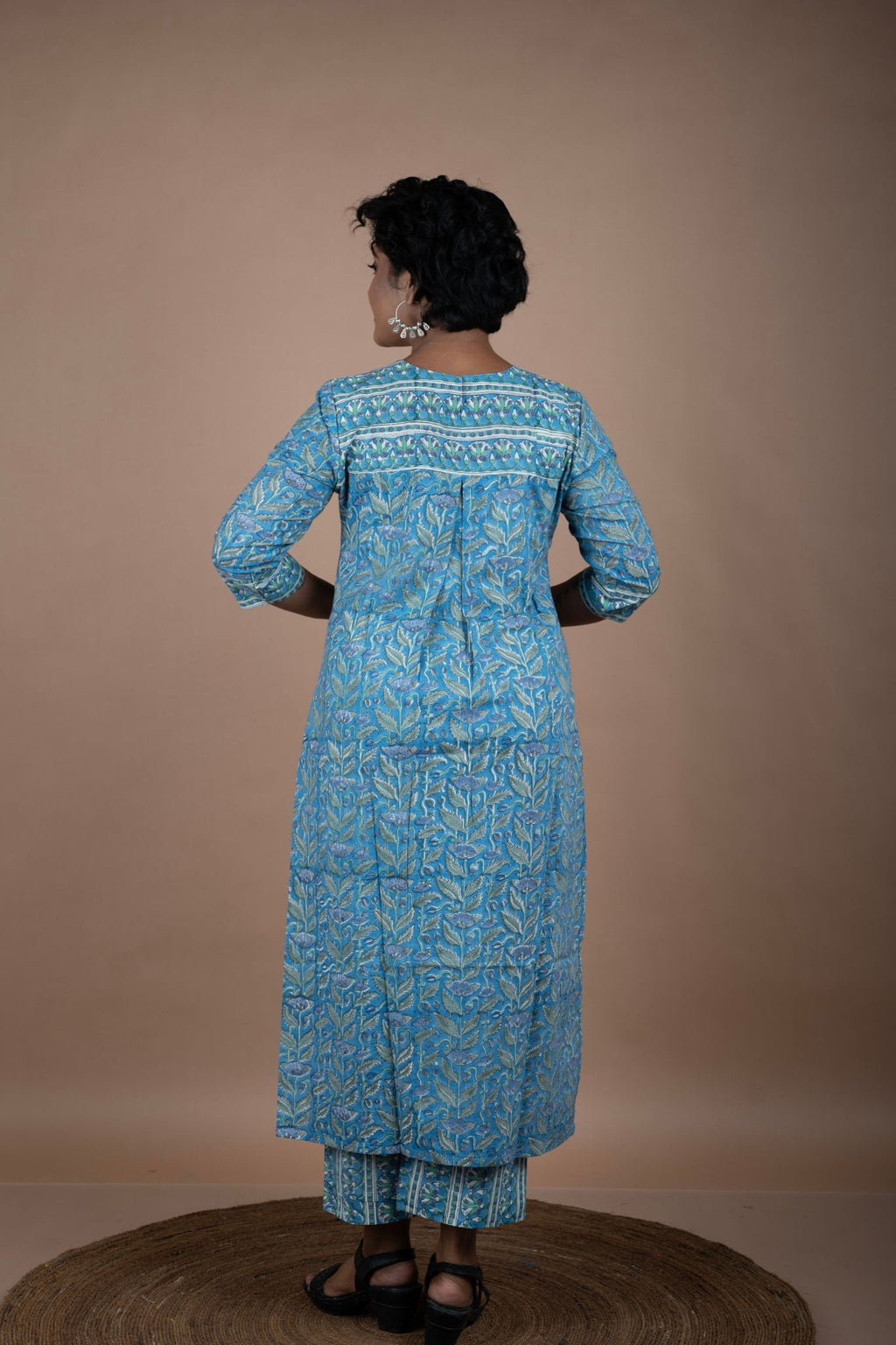 Blue & Green Cotton Block Printed Kurta & Pant Set