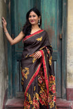 Brown Mulberry Silk Batik Saree with Floral Motifs