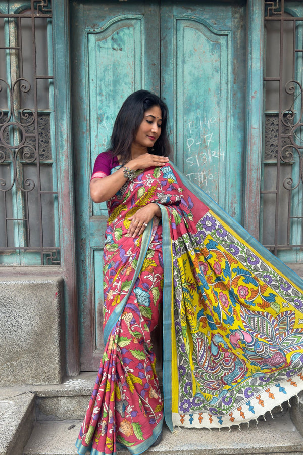 Hand-Painted Cotton Kalamkari Saree | Red Kalamkari Saree with Yellow Pallu