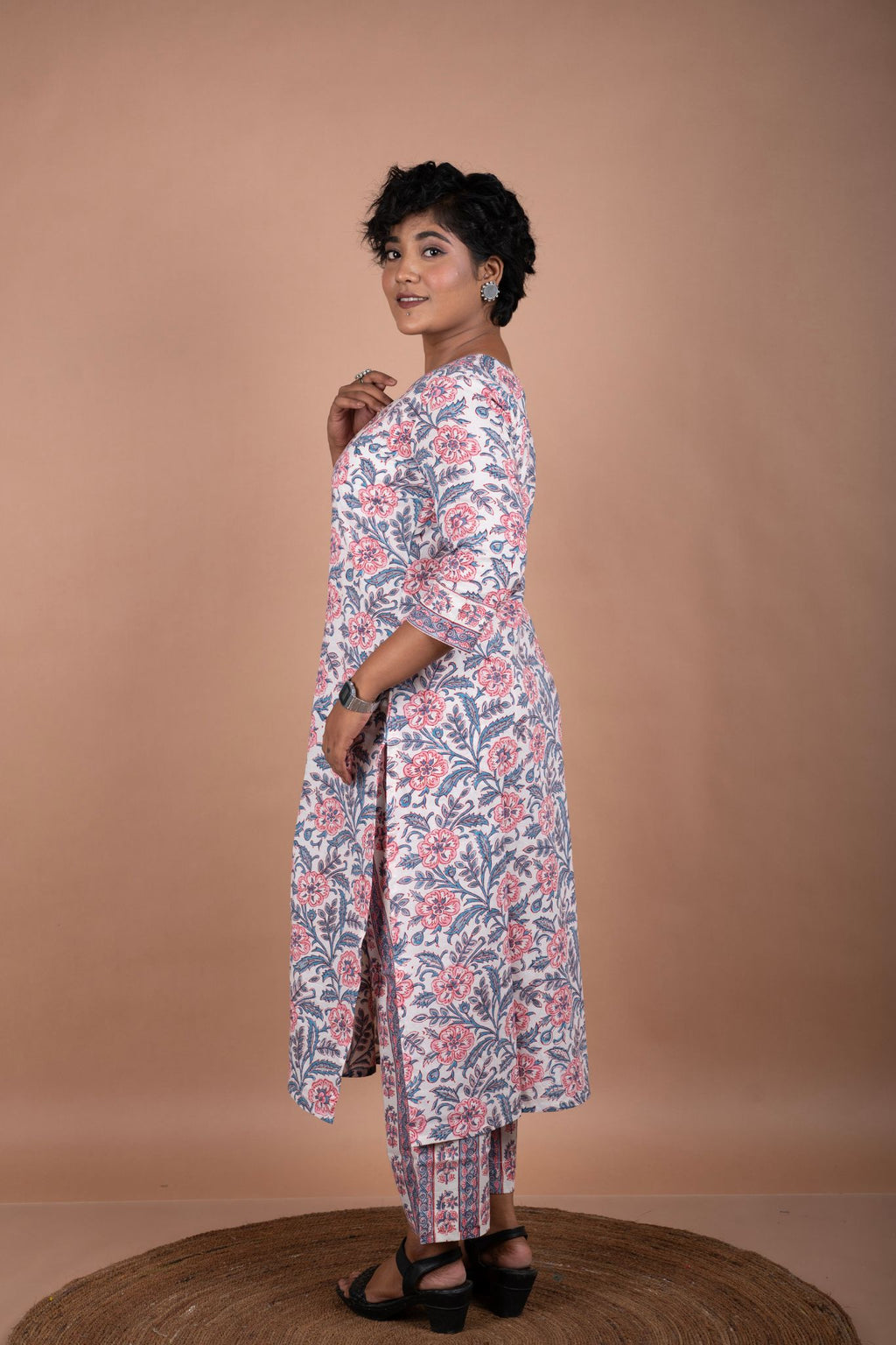 Blue & Pink Cotton Handblock Print Kurta & Pants Set