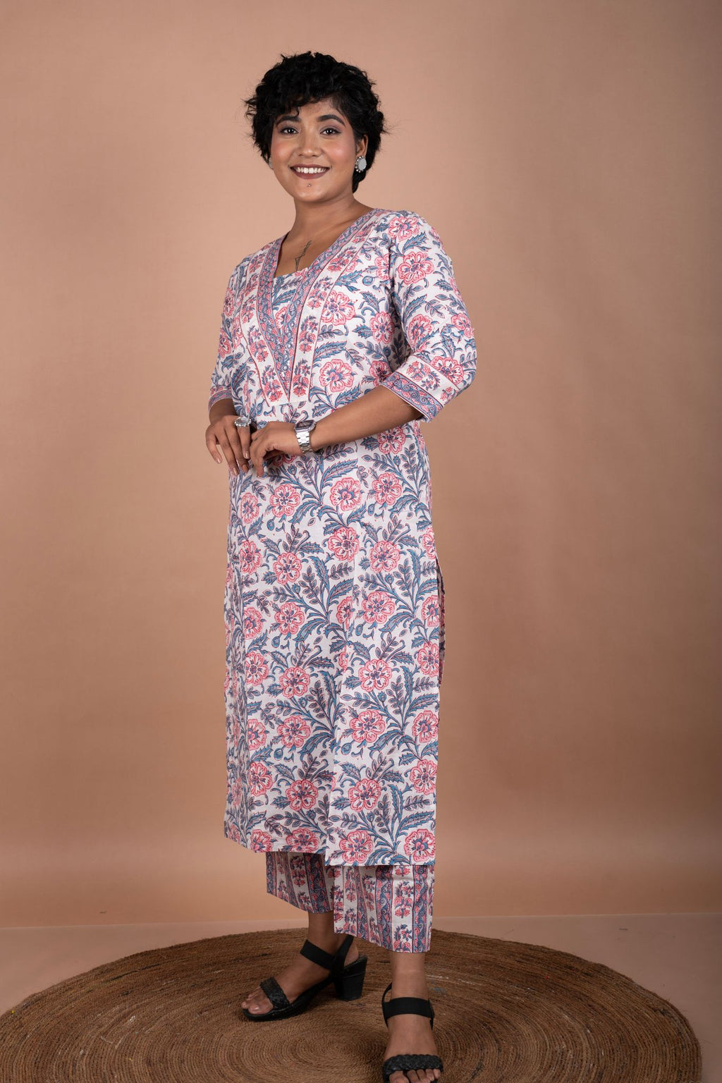 Blue & Pink Cotton Handblock Print Kurta & Pants Set