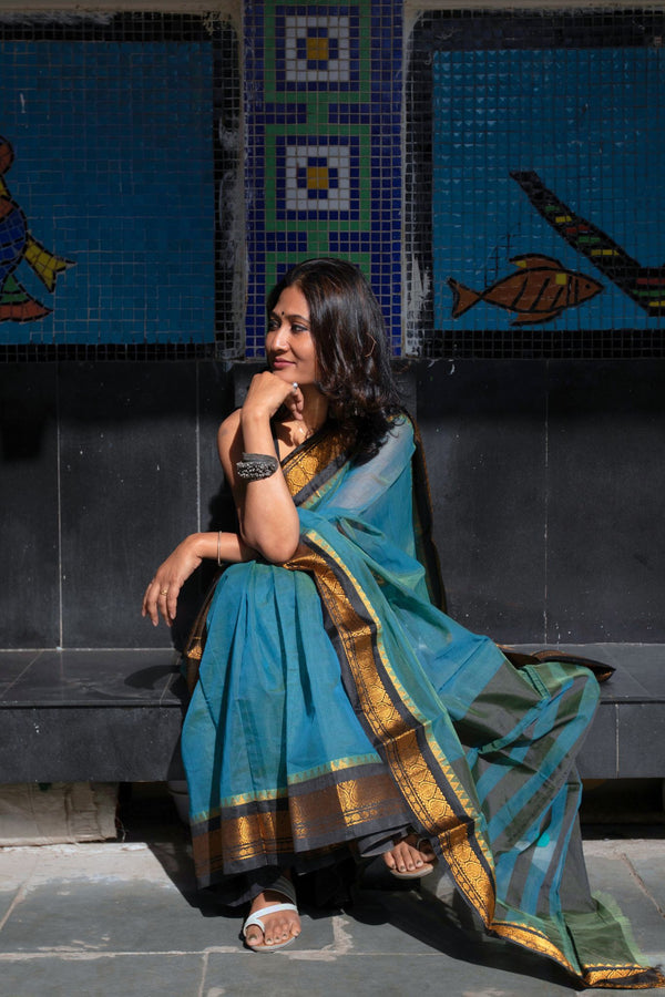 Blue Cotton Mangalagiri Handloom Saree