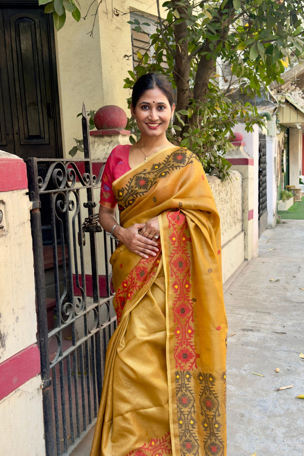 Exclusive Mustard Tussar Silk Jamdani Saree