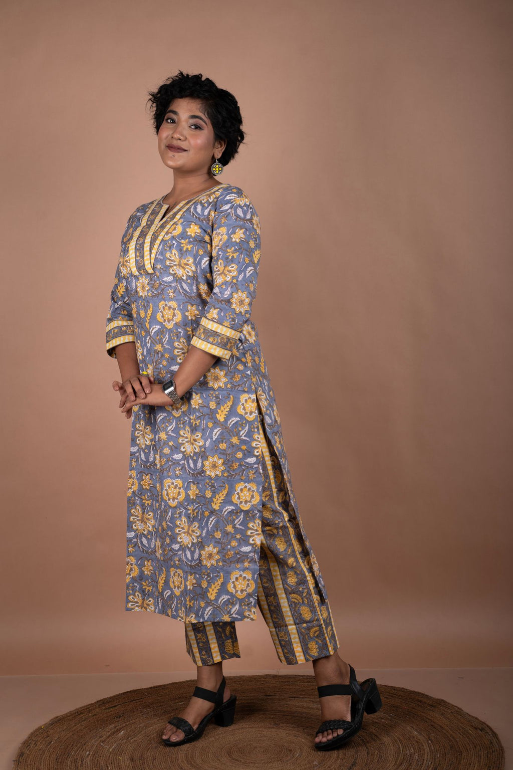 Grey & Yellow Cotton Floral Block Printed Kurta & Pant Set