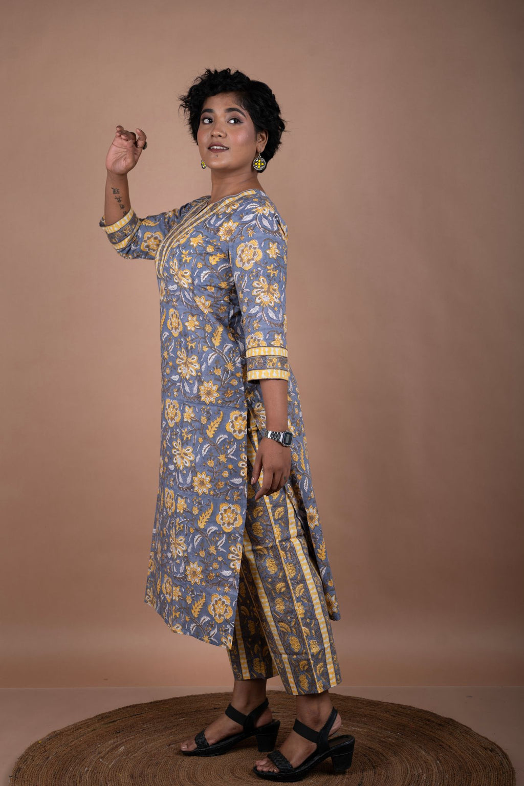 Grey & Yellow Cotton Floral Block Printed Kurta & Pant Set