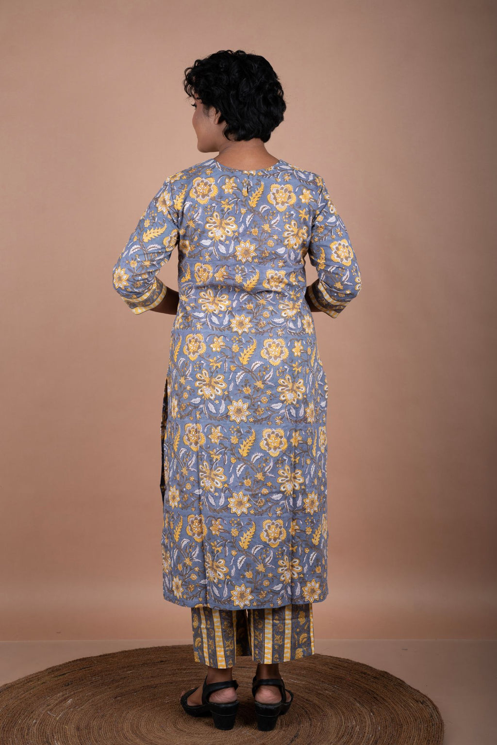 Grey & Yellow Cotton Floral Block Printed Kurta & Pant Set