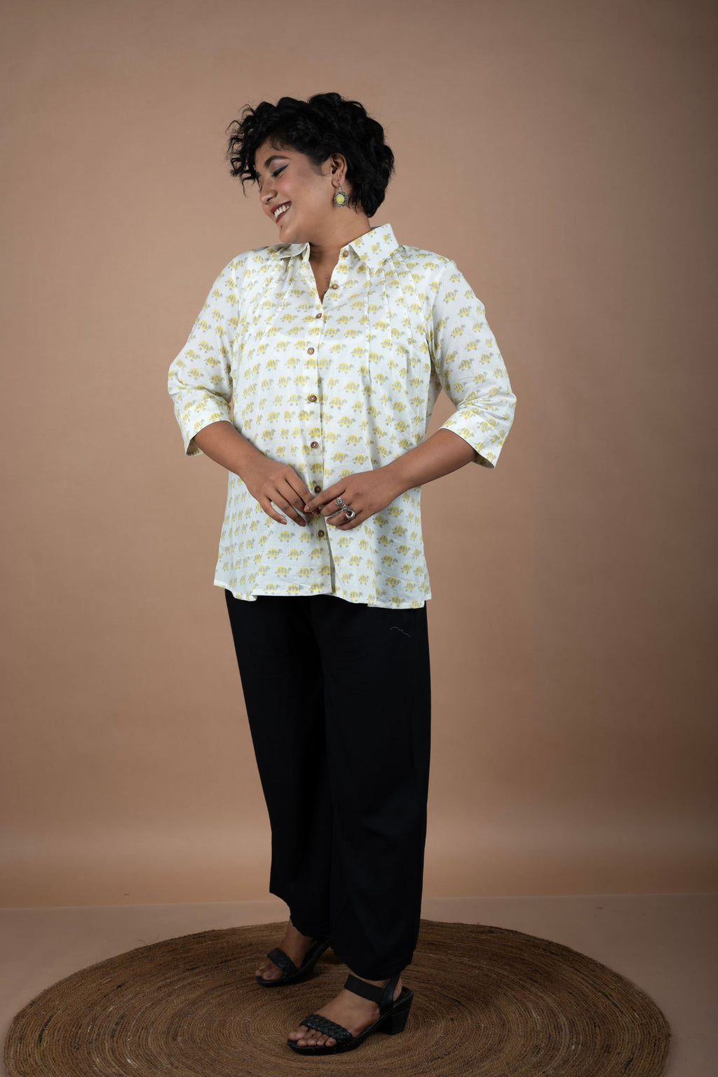 Block Printed Cotton Tortoise Shirt-Style Top
