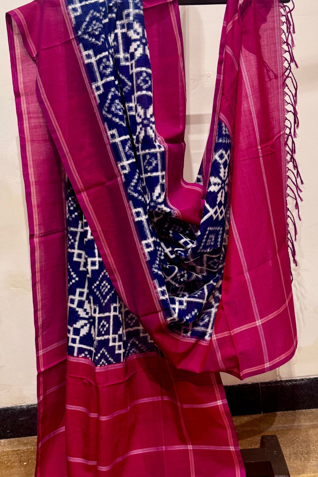 Ikkat Telia Cotton Dupatta with Red Border and Blue Geometric Motifs