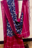 Ikkat Telia Cotton Dupatta with Red Border and Blue Geometric Motifs