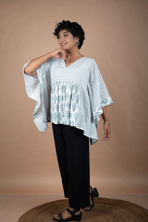 Grey Block Print & Handloom Cotton Fusion Kaftan – Short Kurti Style