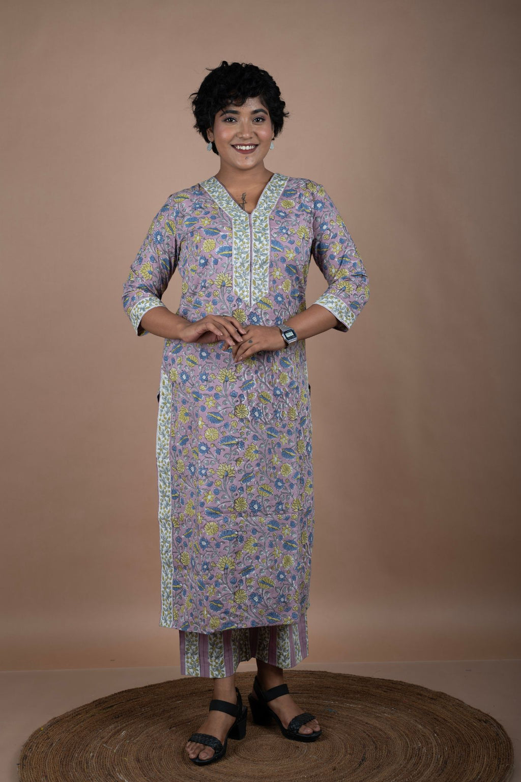 Mauve Cotton Floral Kurta & Pant Set