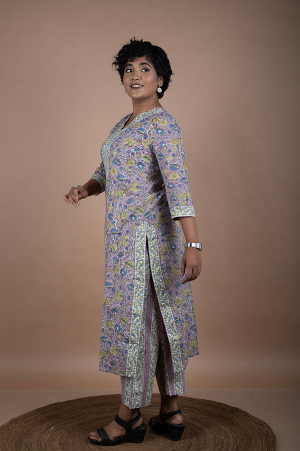 Mauve Cotton Floral Kurta & Pant Set